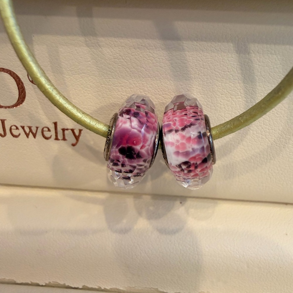 Pandora Set of 2 Shoreline Sea Glass Pink Purple Faceted Murano Glass Charm